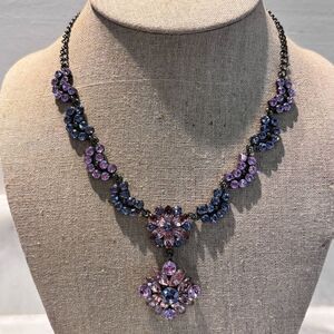 Vintage SNK Sparkly Crystal Drop Pendant Costume Statement Necklace Signed Blue